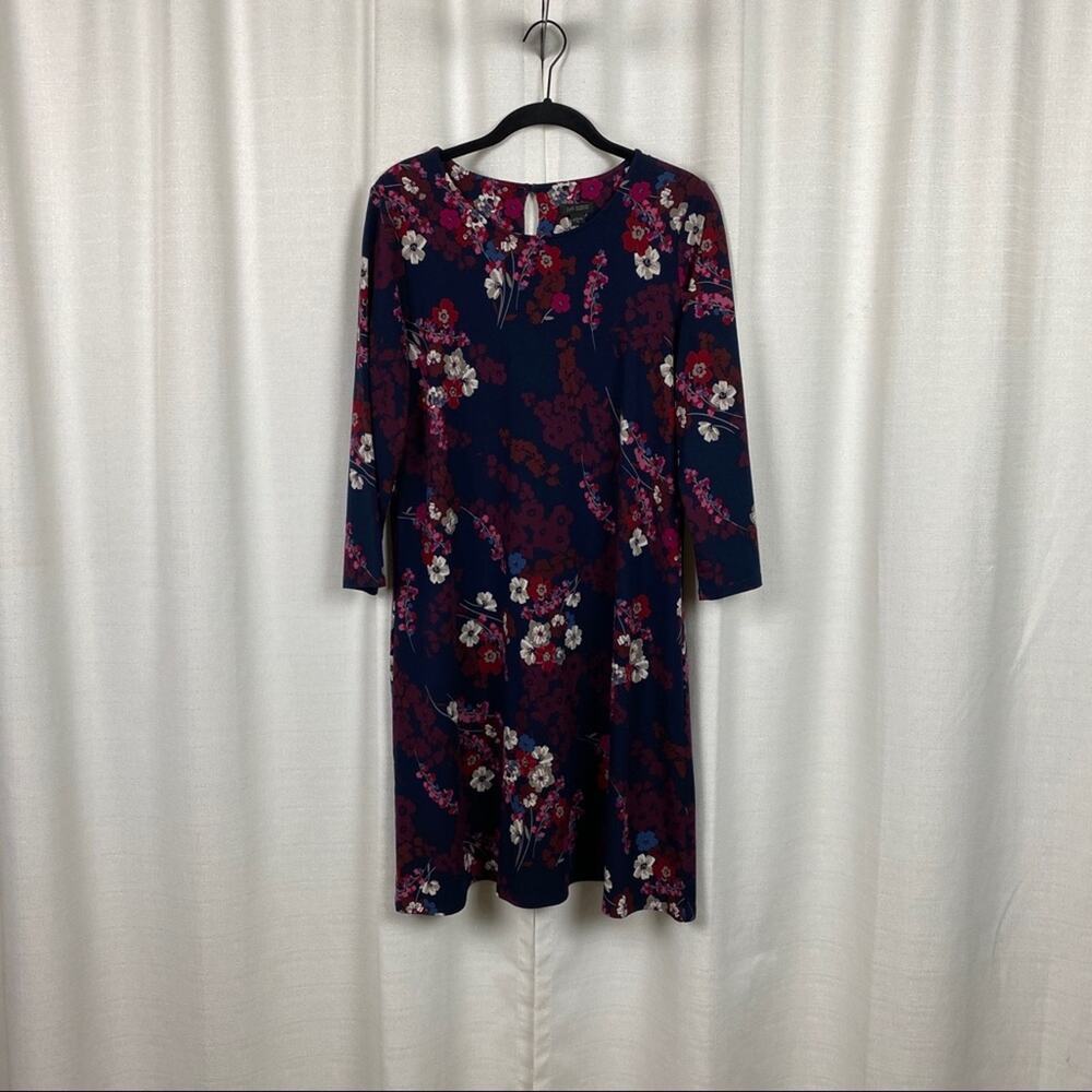 J,Jill Navy Blue Floral Long Sleeve Wearever Shift Dress Sz.M NWT